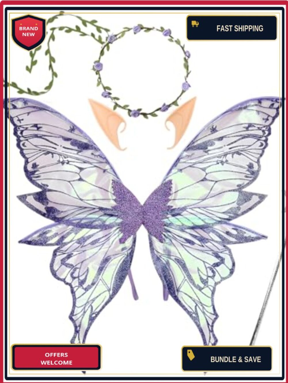Fairy Wings Costume Set with Floral Garland Wand Elf Ears